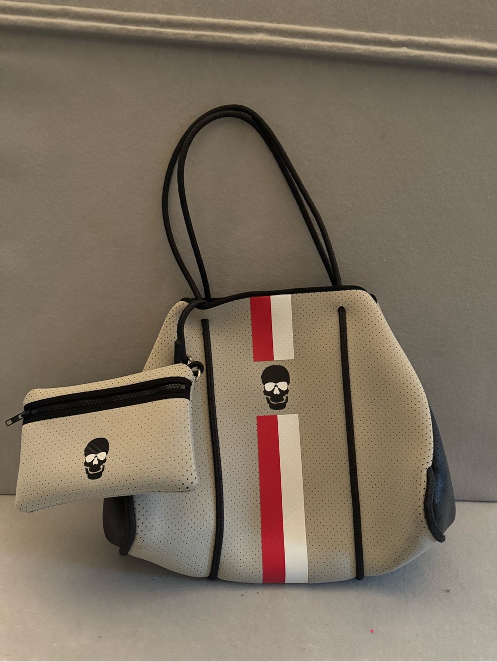 Neoprene Tote Bag with Stripe and Skull Accent - Beige/Red